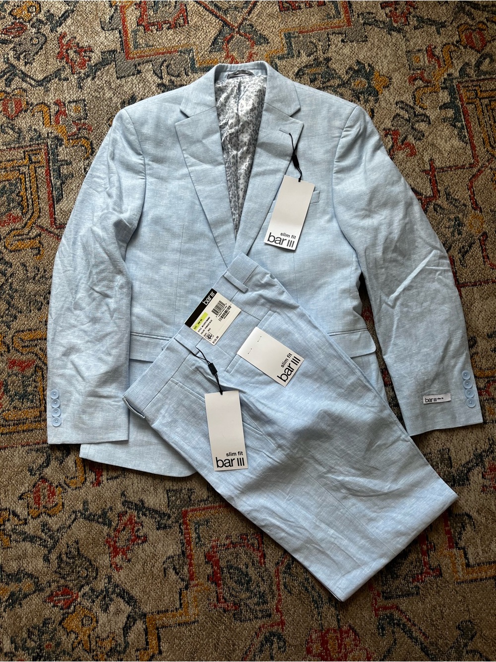 Bar III Light Blue Slim Fit Two-Piece Suit Size 36S 30W 30L Linen Cotton Blend